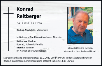 Traueranzeige von Konrad Reitberger von Bayerwald Echo