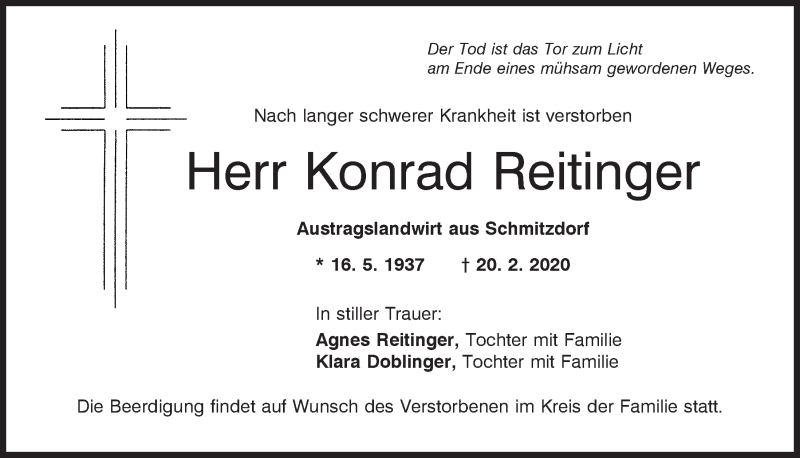  Traueranzeige für Konrad Reitinger vom 25.02.2020 aus Bayerwald Echo