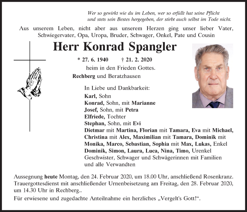  Traueranzeige für Konrad Spangler vom 24.02.2020 aus Neumarkter Tagblatt