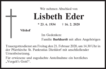 Traueranzeige von Lisbeth Eder von Mittelbayerische Zeitung Schwandorf