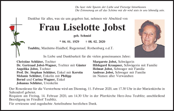 Traueranzeige von Liselotte Jobst von Mittelbayerische Zeitung Schwandorf