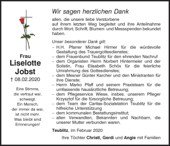 Traueranzeige von Liselotte Jobst von Mittelbayerische Zeitung Schwandorf