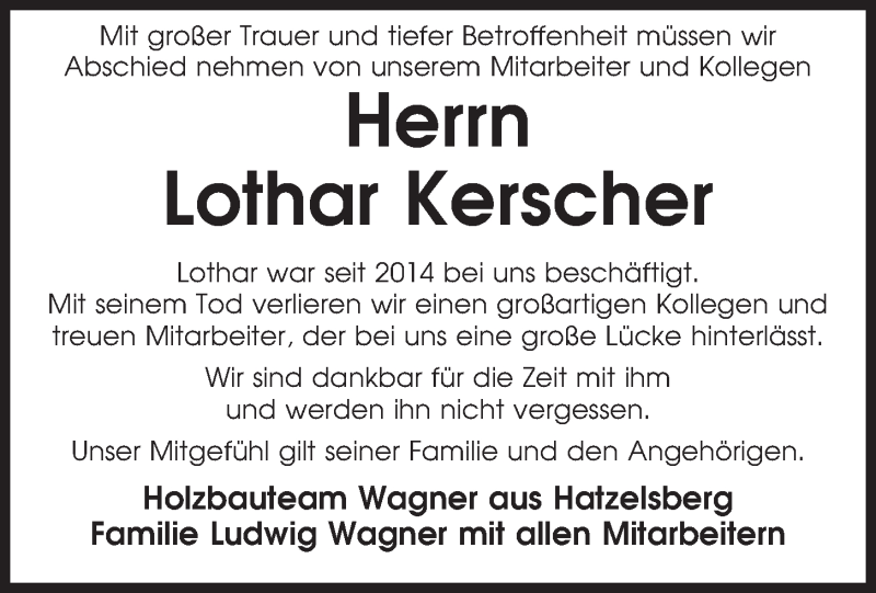  Traueranzeige für Lothar Kerscher vom 22.02.2020 aus Bayerwald Echo