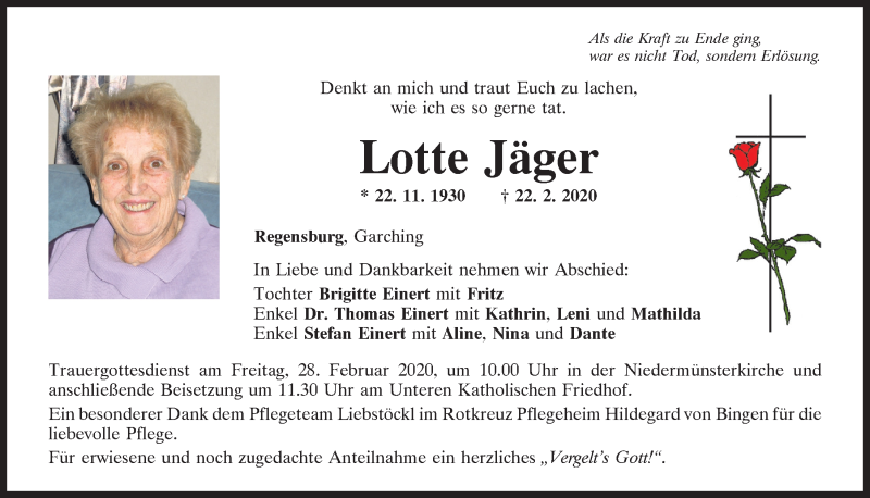  Traueranzeige für Lotte Jäger vom 26.02.2020 aus Mittelbayerische Zeitung Regensburg