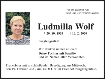 Traueranzeige von Ludmilla Wolf von Mittelbayerische Zeitung Schwandorf