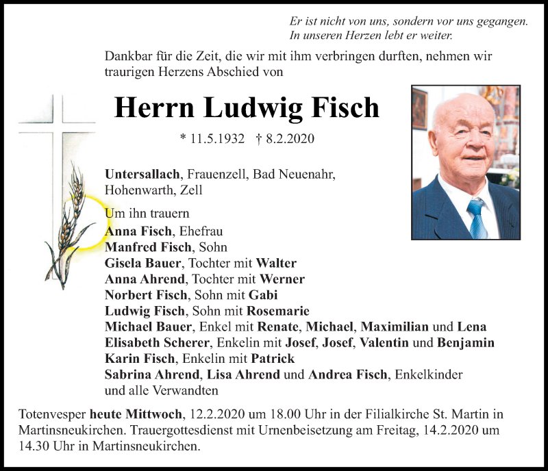  Traueranzeige für Ludwig Fisch vom 12.02.2020 aus Bayerwald Echo