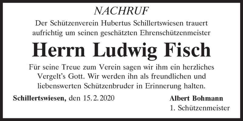 Traueranzeige für Ludwig Fisch vom 15.02.2020 aus Bayerwald Echo