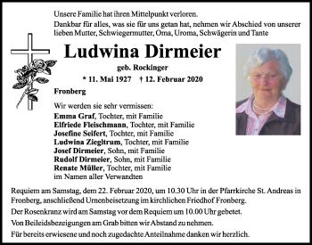 Traueranzeige von Ludwina Dirmeier von Mittelbayerische Zeitung Schwandorf