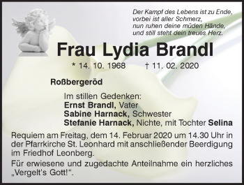 Traueranzeige von Lydia Brandl von Mittelbayerische Zeitung Schwandorf