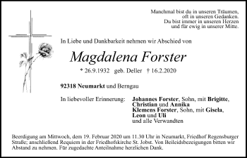 Traueranzeige von Magdalena Forster von Neumarkter Tagblatt