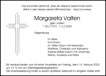 Traueranzeige von Margareta Valten von Mittelbayerische Zeitung Regensburg