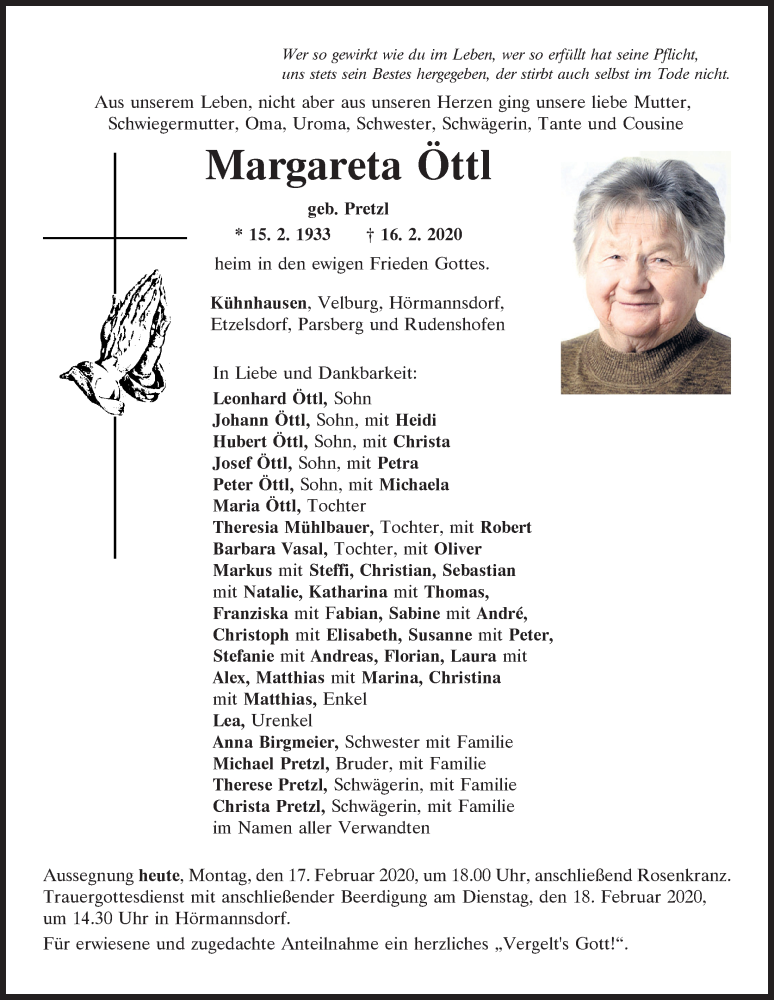  Traueranzeige für Margareta Öttl vom 17.02.2020 aus Neumarkter Tagblatt