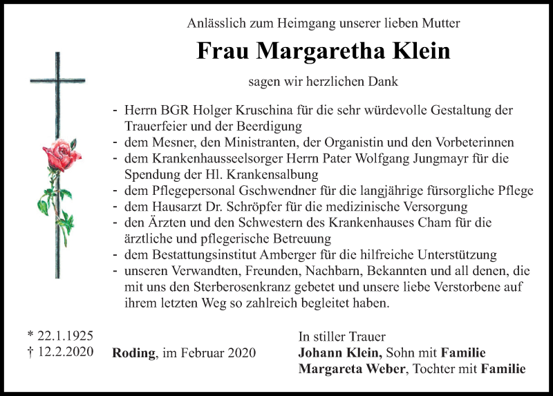  Traueranzeige für Margaretha Klein vom 28.02.2020 aus Bayerwald Echo