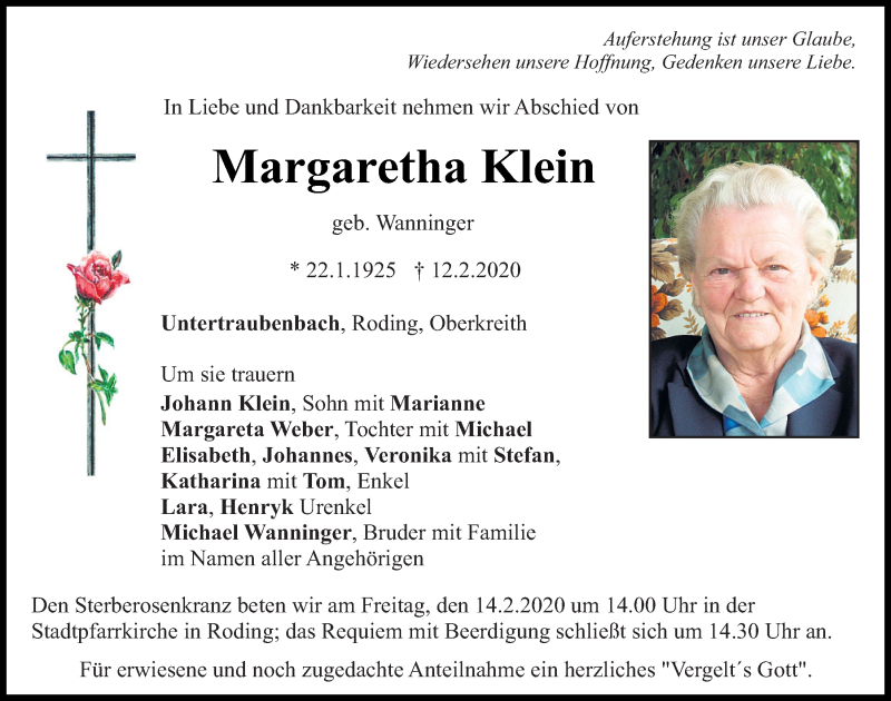  Traueranzeige für Margaretha Klein vom 13.02.2020 aus Bayerwald Echo