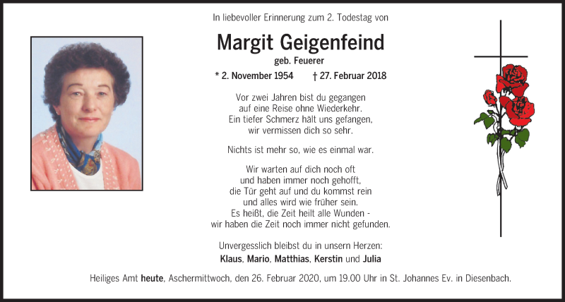  Traueranzeige für Margit Geigenfeind vom 26.02.2020 aus Mittelbayerische Zeitung Schwandorf