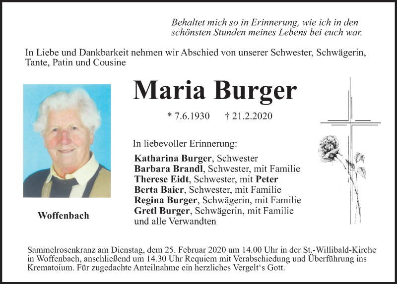  Traueranzeige für Maria Burger vom 24.02.2020 aus Neumarkter Tagblatt