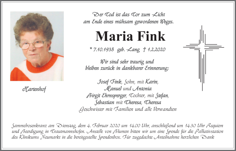  Traueranzeige für Maria Fink vom 03.02.2020 aus Neumarkter Tagblatt
