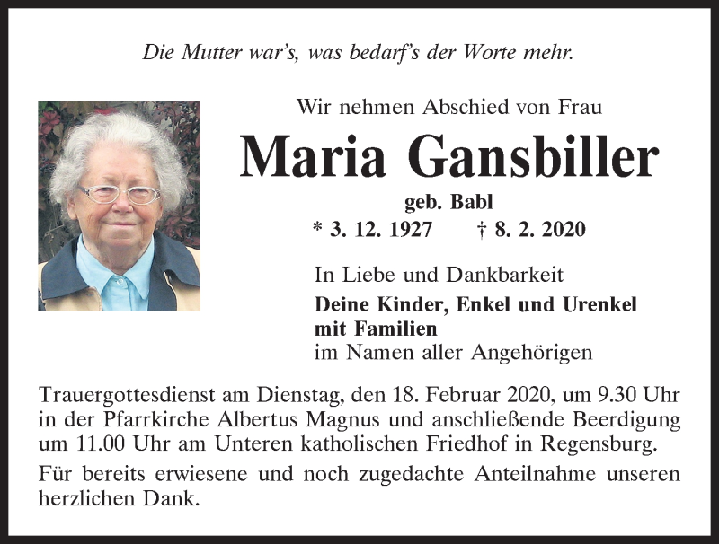  Traueranzeige für Maria Gansbiller vom 15.02.2020 aus Mittelbayerische Zeitung Regensburg