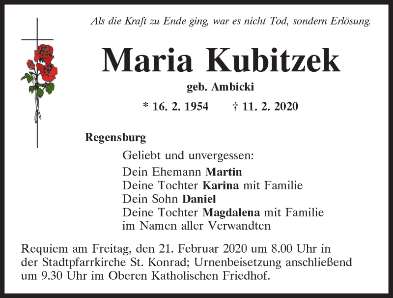  Traueranzeige für Maria Kubitzek vom 15.02.2020 aus Mittelbayerische Zeitung Regensburg