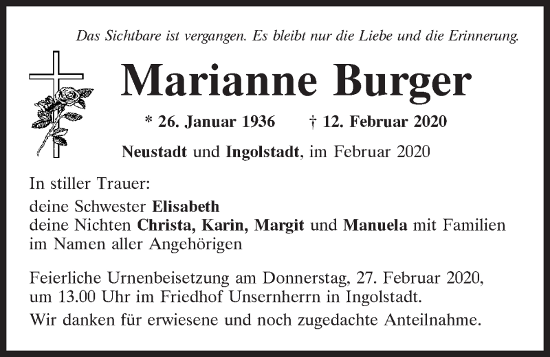 Traueranzeige für Marianne Burger vom 25.02.2020 aus Mittelbayerische Zeitung Kelheim