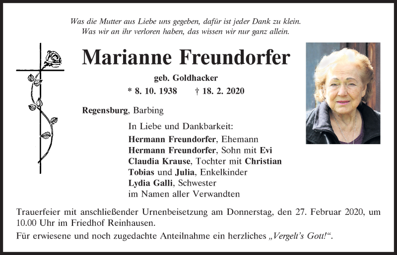  Traueranzeige für Marianne Freundorfer vom 25.02.2020 aus Mittelbayerische Zeitung Regensburg