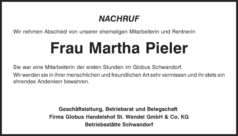  Traueranzeige für Martha Pieler vom 28.02.2020 aus Mittelbayerische Zeitung Schwandorf