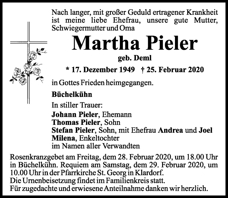  Traueranzeige für Martha Pieler vom 27.02.2020 aus Mittelbayerische Zeitung Schwandorf