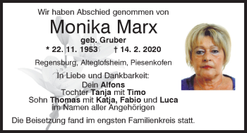 Traueranzeige von Monika Marx von Mittelbayerische Zeitung Regensburg