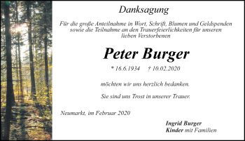 Traueranzeige von Peter Burger von Neumarkter Tagblatt