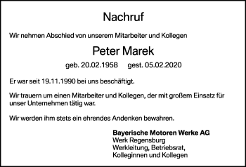 Traueranzeige von Peter Marek von Mittelbayerische Zeitung Regensburg