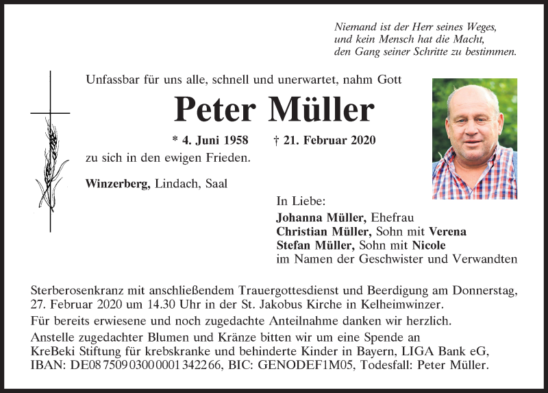  Traueranzeige für Peter Müller vom 25.02.2020 aus Mittelbayerische Zeitung Kelheim