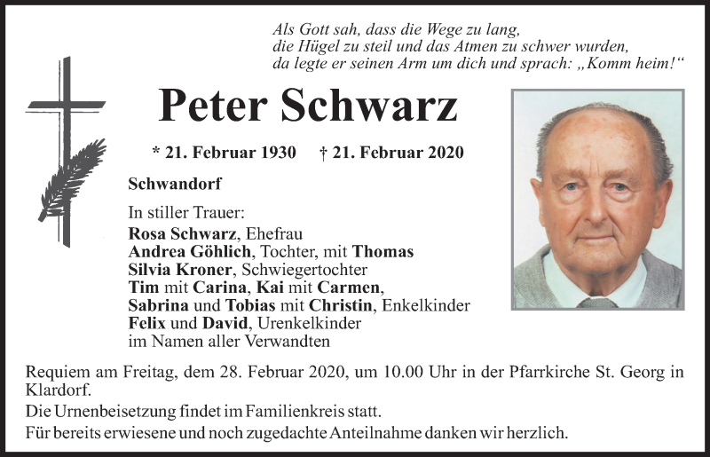  Traueranzeige für Peter Schwarz vom 24.02.2020 aus Mittelbayerische Zeitung Schwandorf