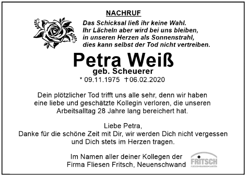  Traueranzeige für Petra Weiß vom 15.02.2020 aus Mittelbayerische Zeitung Schwandorf