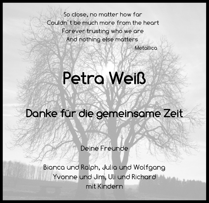  Traueranzeige für Petra Weiß vom 11.02.2020 aus Mittelbayerische Zeitung Schwandorf