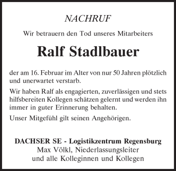 Traueranzeige von Ralf Stadlbauer von Mittelbayerische Zeitung Regensburg