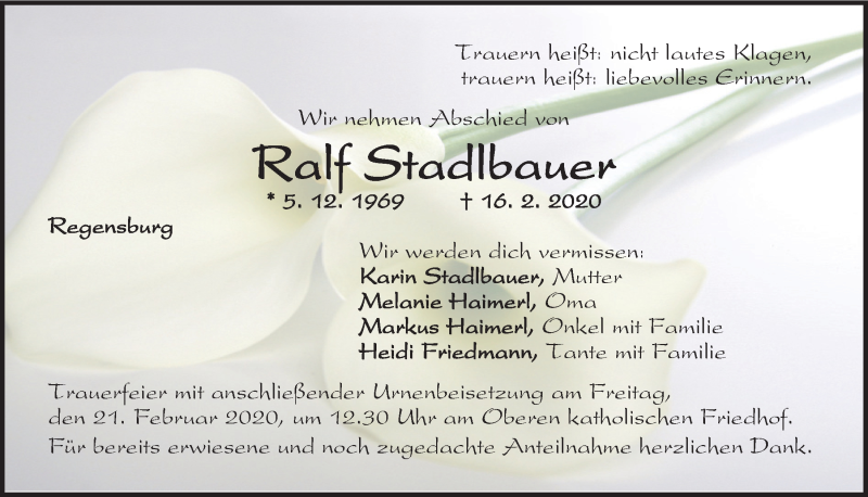  Traueranzeige für Ralf Stadlbauer vom 19.02.2020 aus Mittelbayerische Zeitung Regensburg