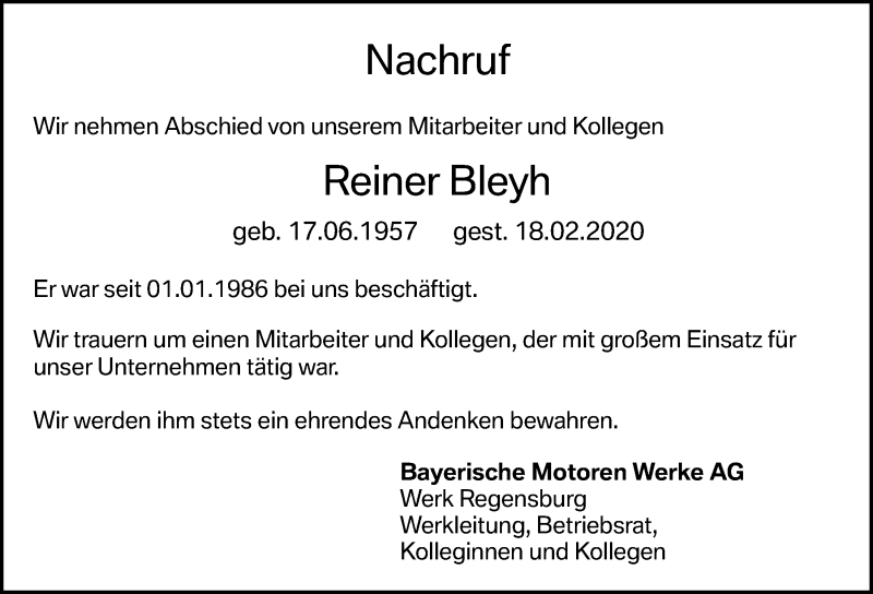  Traueranzeige für Reiner Bleyh vom 26.02.2020 aus Mittelbayerische Zeitung Regensburg
