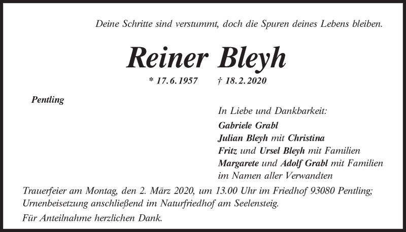  Traueranzeige für Reiner Bleyh vom 26.02.2020 aus Mittelbayerische Zeitung Regensburg