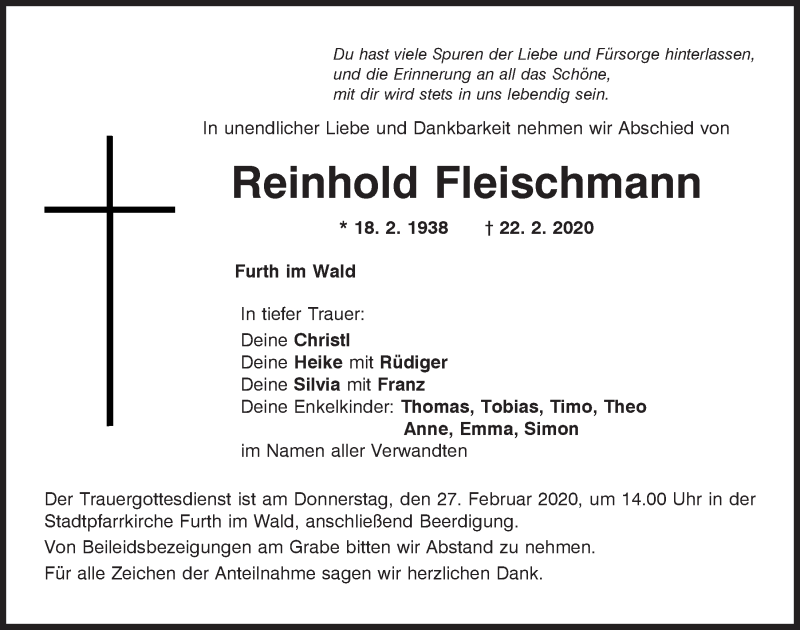  Traueranzeige für Reinhold Fleischmann vom 24.02.2020 aus Bayerwald Echo