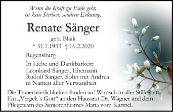 Traueranzeige von Renate Sänger von Mittelbayerische Zeitung Regensburg