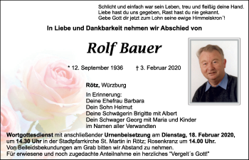 Traueranzeige von Rolf Bauer von Bayerwald Echo