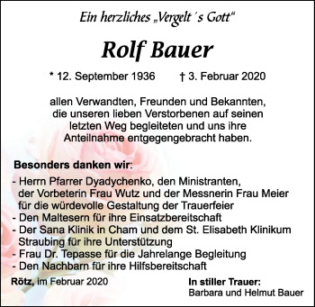 Traueranzeige von Rolf Bauer von Bayerwald Echo