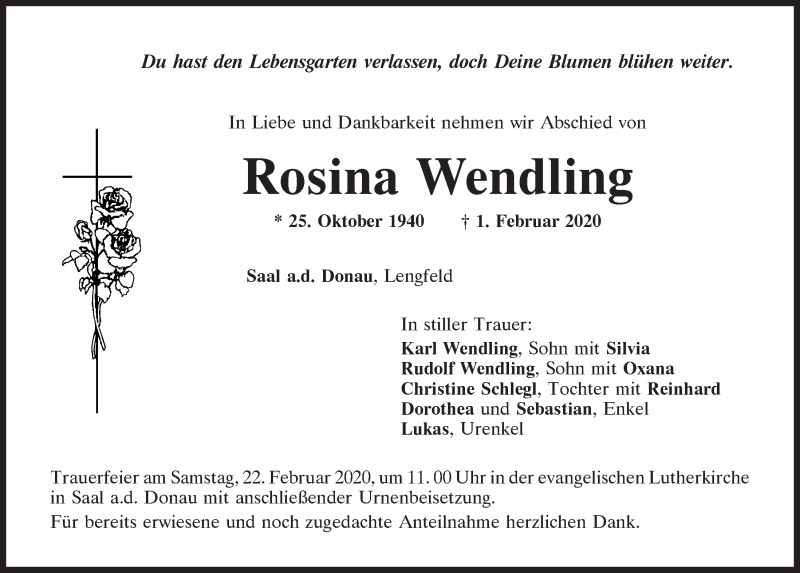  Traueranzeige für Rosina Wendling vom 19.02.2020 aus Mittelbayerische Zeitung Kelheim