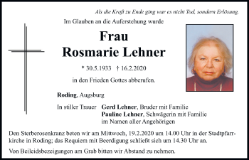 Traueranzeige von Rosmarie Lehner von Bayerwald Echo