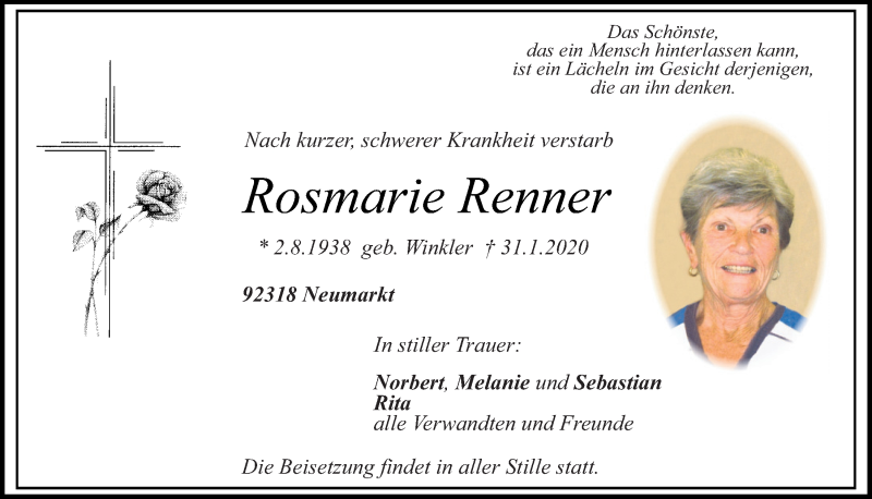Traueranzeigen von Rosmarie Renner | Mittelbayerische Trauer
