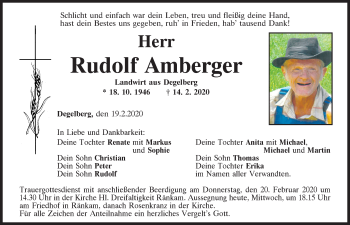 Traueranzeige von Rudolf Amberger von Bayerwald Echo
