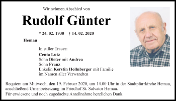 Traueranzeige von Rudolf Günter von Mittelbayerische Zeitung Regensburg
