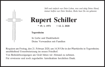 Traueranzeige von Rupert Schiller von Mittelbayerische Zeitung Regensburg