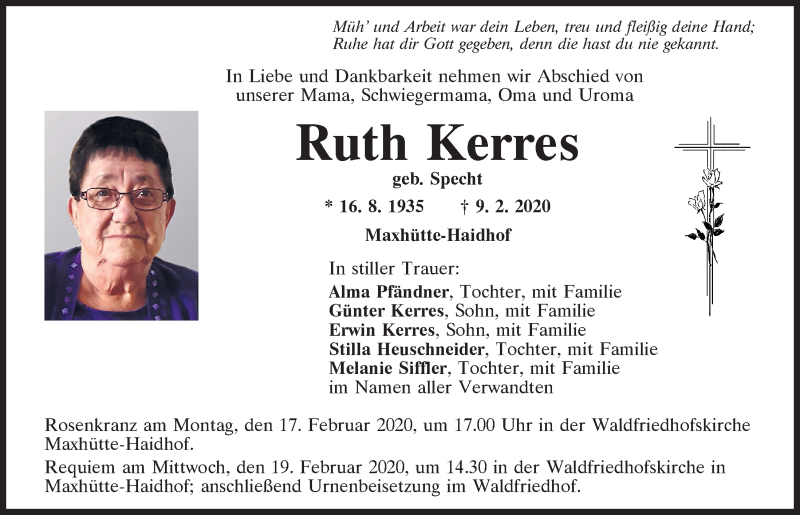  Traueranzeige für Ruth Kerres vom 15.02.2020 aus Mittelbayerische Zeitung Schwandorf