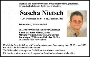 Traueranzeige von Sascha Nietsch von Mittelbayerische Zeitung Schwandorf